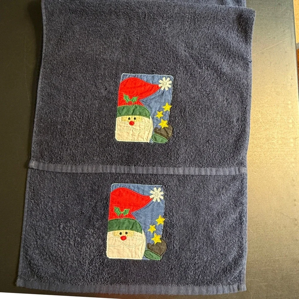 Navy Blue Santa Claus Christmas Hand Towels Set of 2 Holiday Decor Applique